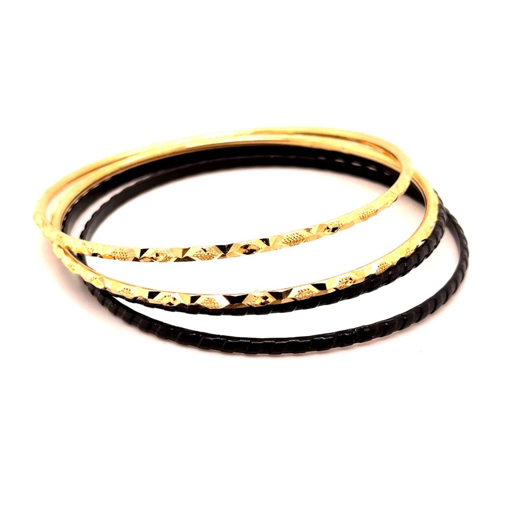 Set of 4 Textured Bangle Bracelets Gold and Black Tone Diamond Cut 8 Inch